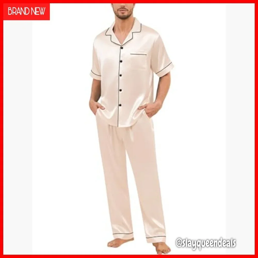 Men's Silk Satin Pajama Set Short Sleeve Sleepwear Lounge with Pockets